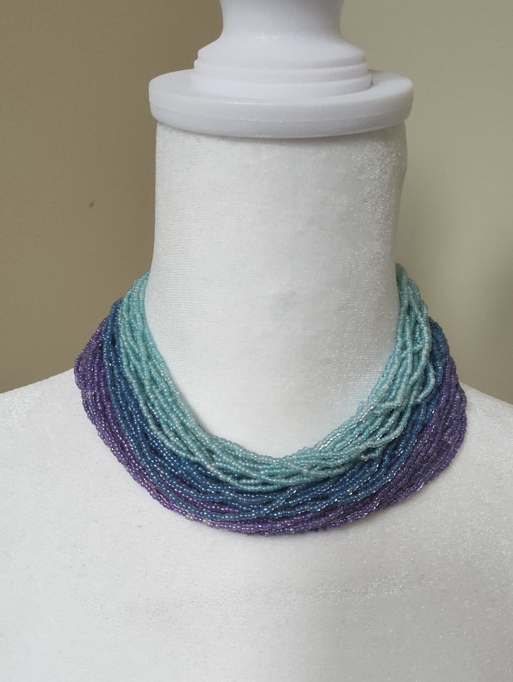Vintage 42 Strand Seed Bead Necklace in Teal, Blue & Purple